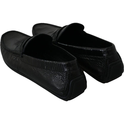 Dolce & Gabbana Black Lizard Leather Flat Loafers Shoes