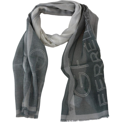 GF Ferre Gray Wool Viscose Foulard Patterned Branded Scarf
