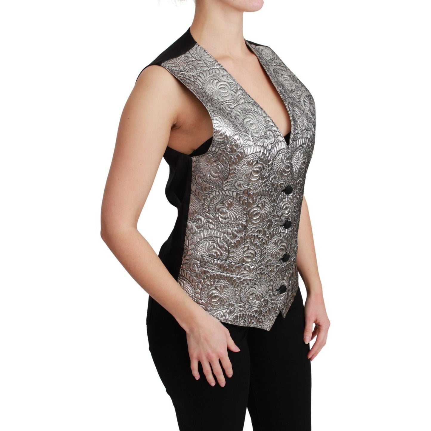 Dolce & Gabbana Silver Brocade Sleeveless Metallic Top