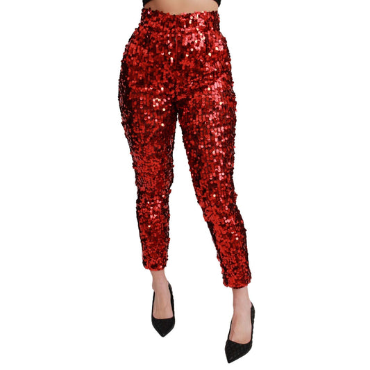 Dolce & Gabbana Red Sequined Cropped Trousers Pants