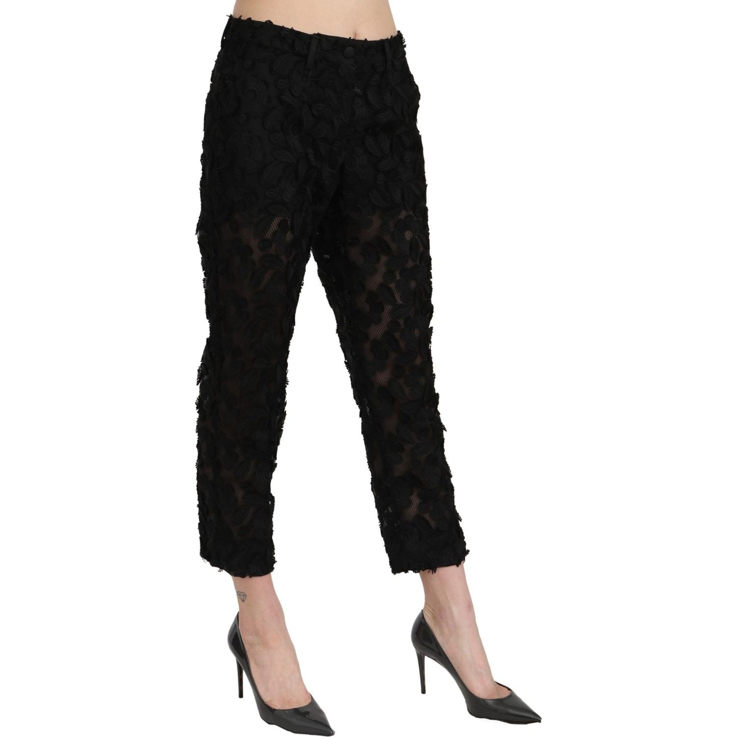 Dolce & Gabbana Black Lace Straight Cropped High Waist Pants Jeans & Pants
