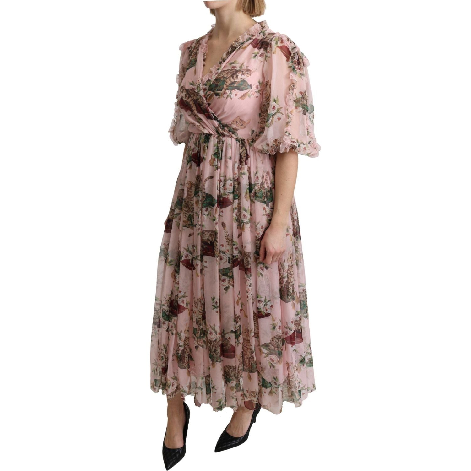 Dolce & Gabbana Pink Bengal Cat Print A-line Maxi Silk  Dress