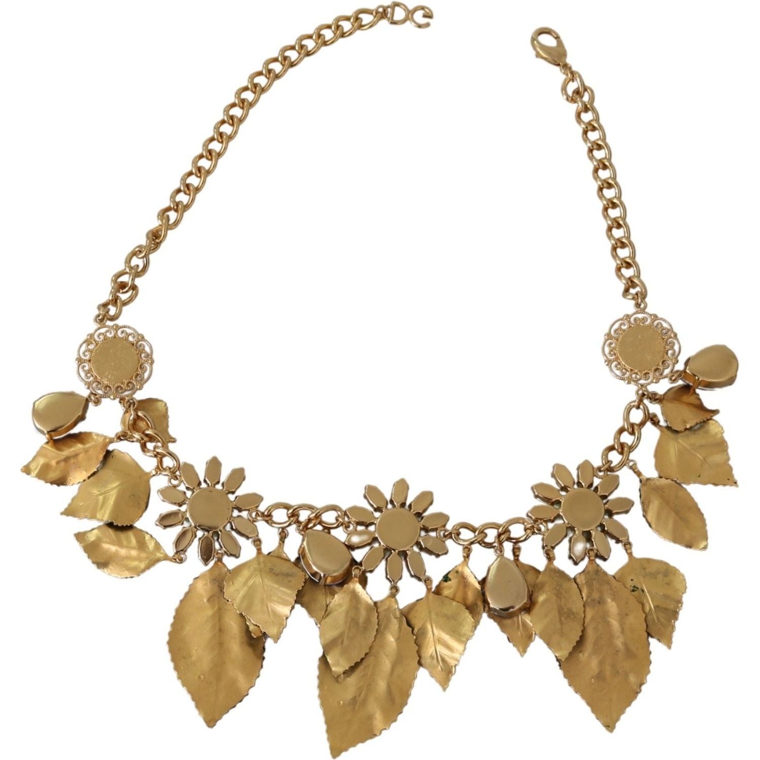 Dolce & Gabbana Green Leaves Gold Brass Crystal Flower Pendant Necklace