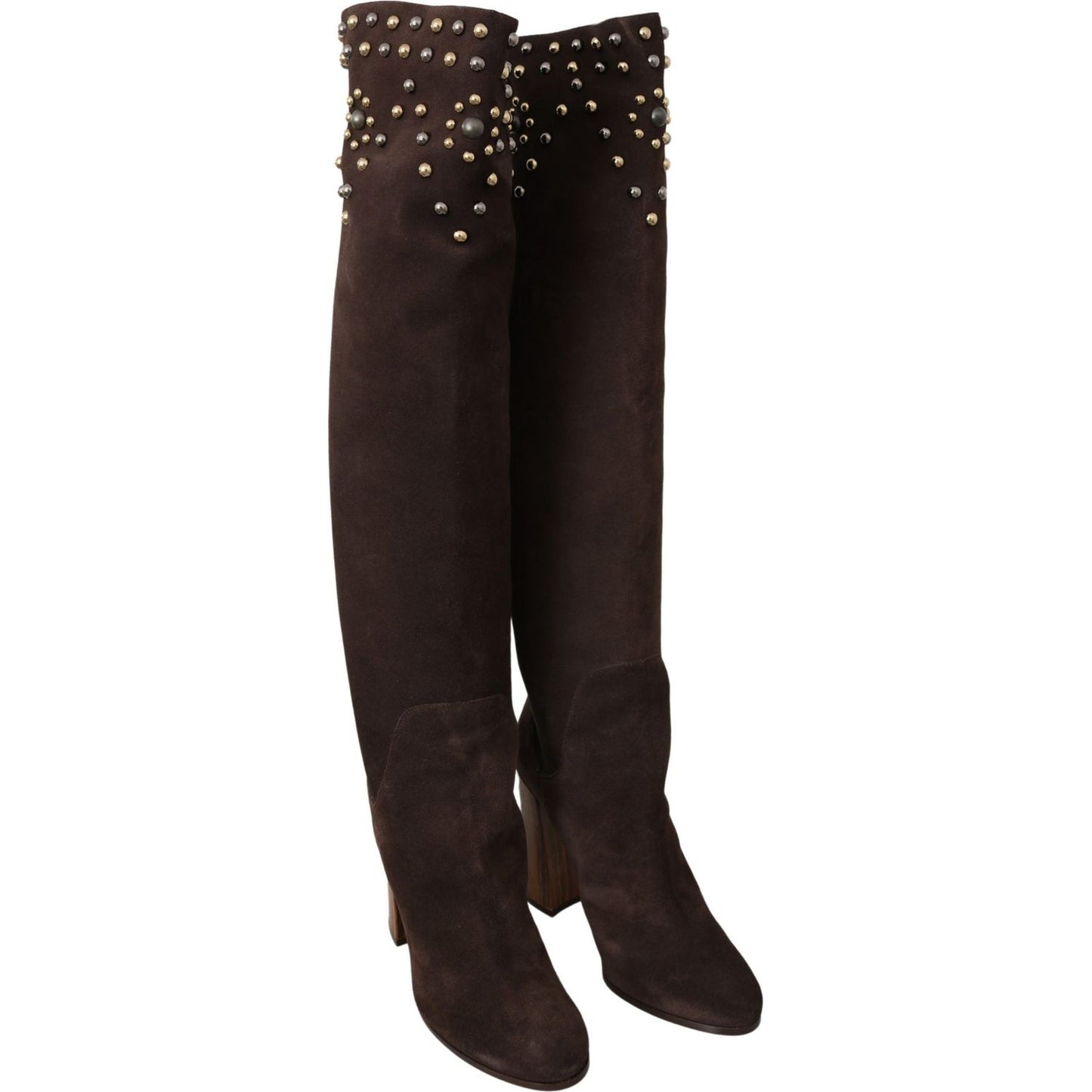 Dolce & Gabbana Brown Suede Studded Knee High Shoes Boots