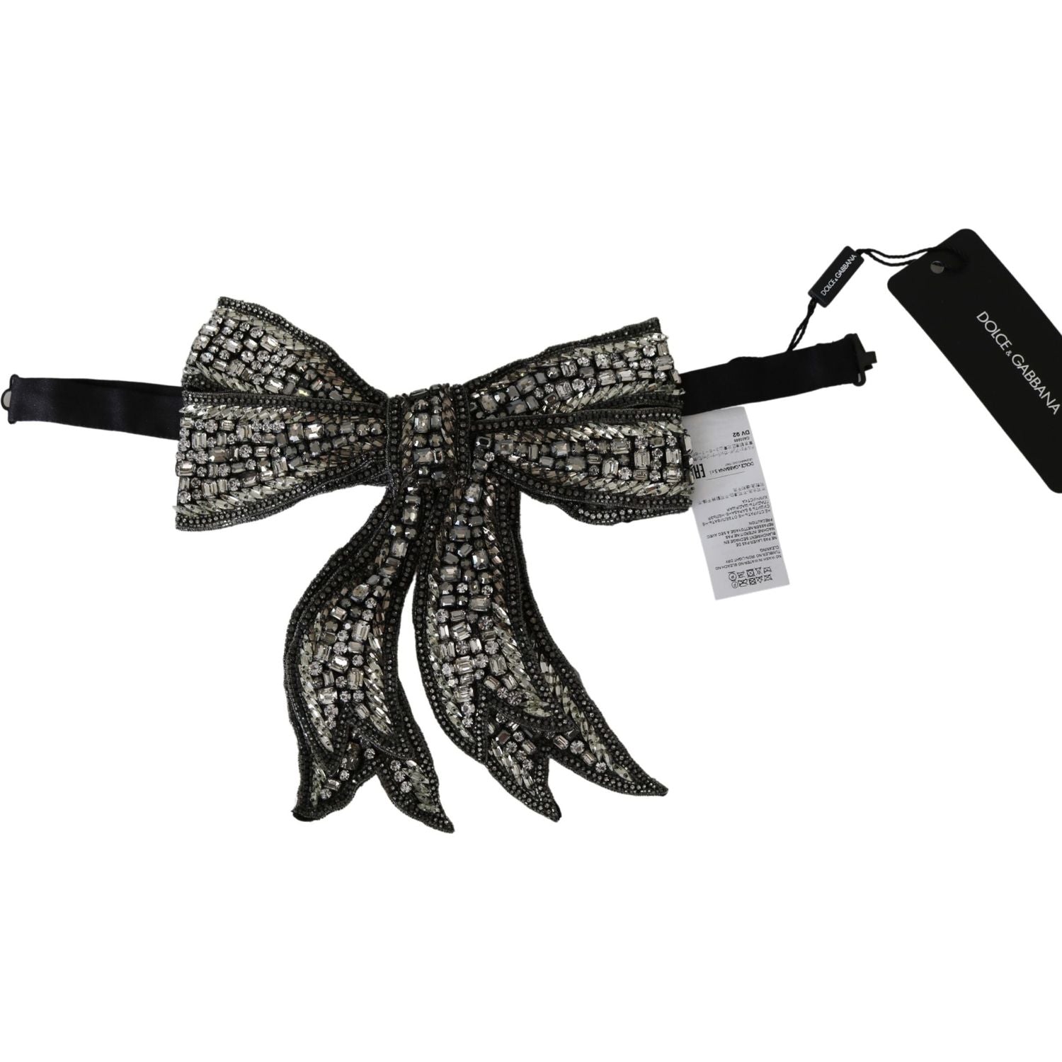 Dolce & Gabbana Silver Crystal Beaded Sequined 100% Silk Catwalk Necklace Bowtie