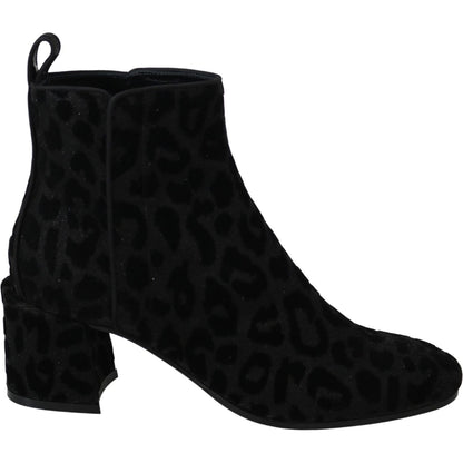 Dolce & Gabbana Black Leopard Short Boots Zipper Shoes