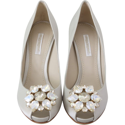 Dolce & Gabbana White Crystals Peep Toe Heels Satin Pumps Shoes