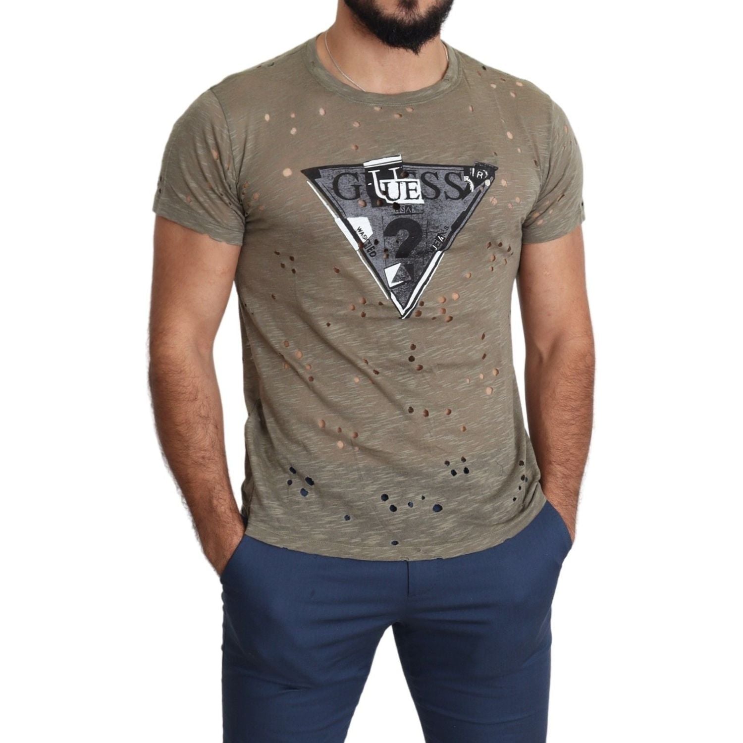 Guess Brown Cotton Stretch Logo Print Men Casual Perforated T-shirt