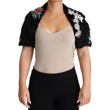 Dolce & Gabbana Black Rabbit Fur Crystals Sequin Coat