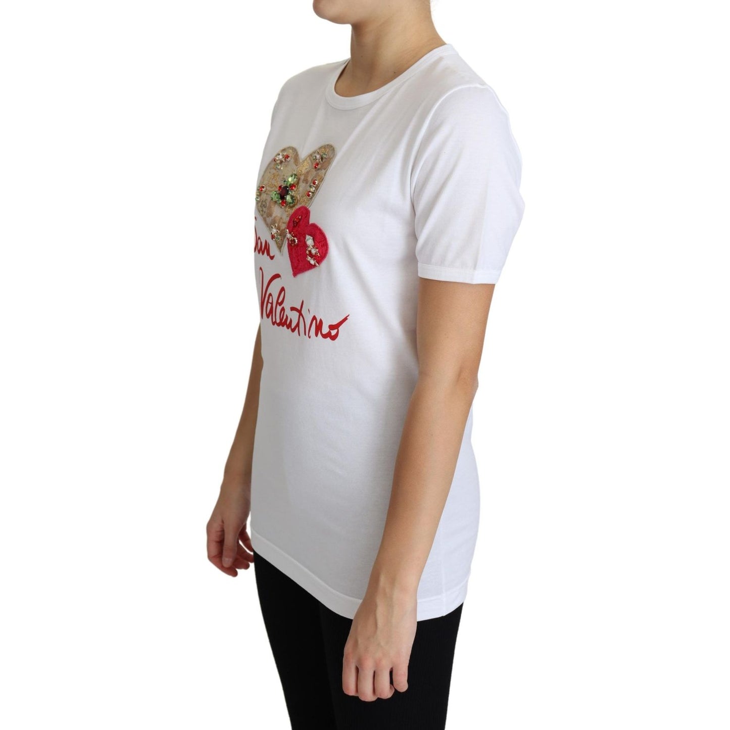 Dolce & Gabbana White San Valentino Heart Crystals T-shirt Top