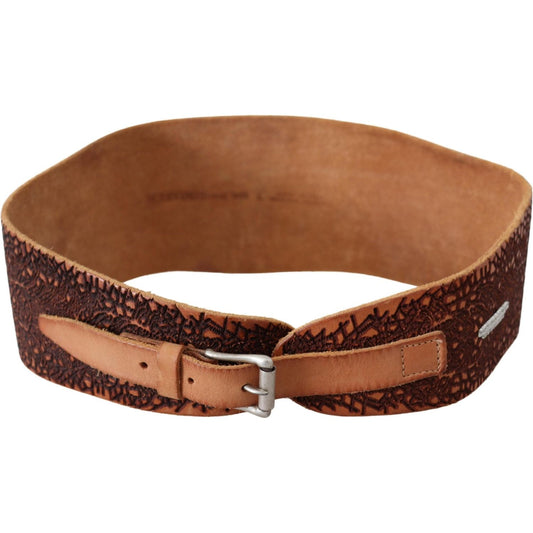 Scervino Street Brown Wide Leather Embroidered Design Logo Belt Belt