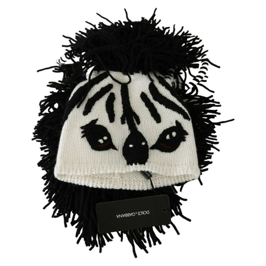 Dolce & Gabbana Black White Knitted Cashmere Animal Design Hat HAT20056