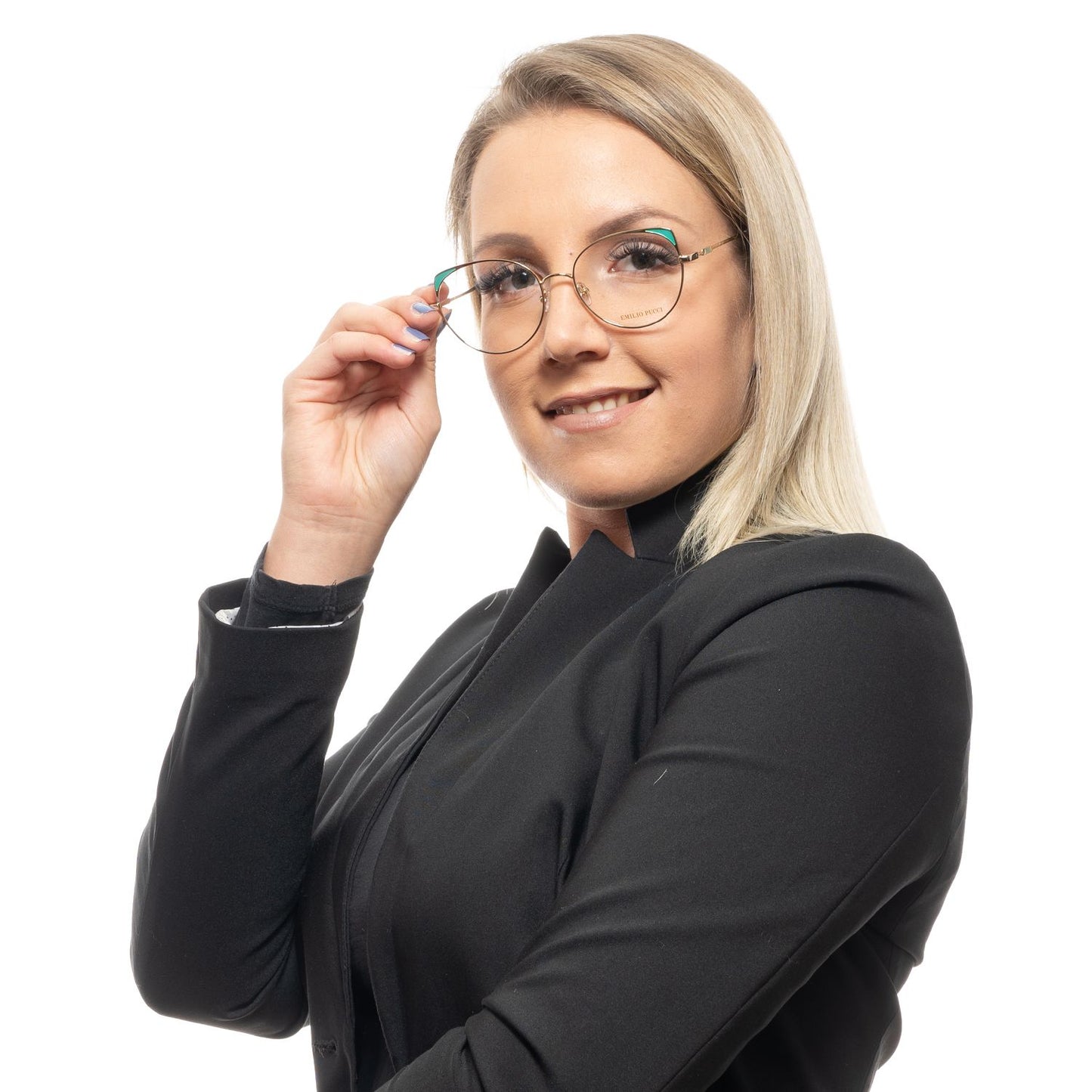 Woman wearing Emilio Pucci Gold Metal Glasses (Frames) with a black suit.