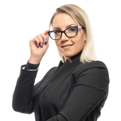 Woman wearing Emilio Pucci Black Plastic Glasses (Frames) with full-rim and stylish design, showcasing elegant and modern eyewear fashion.