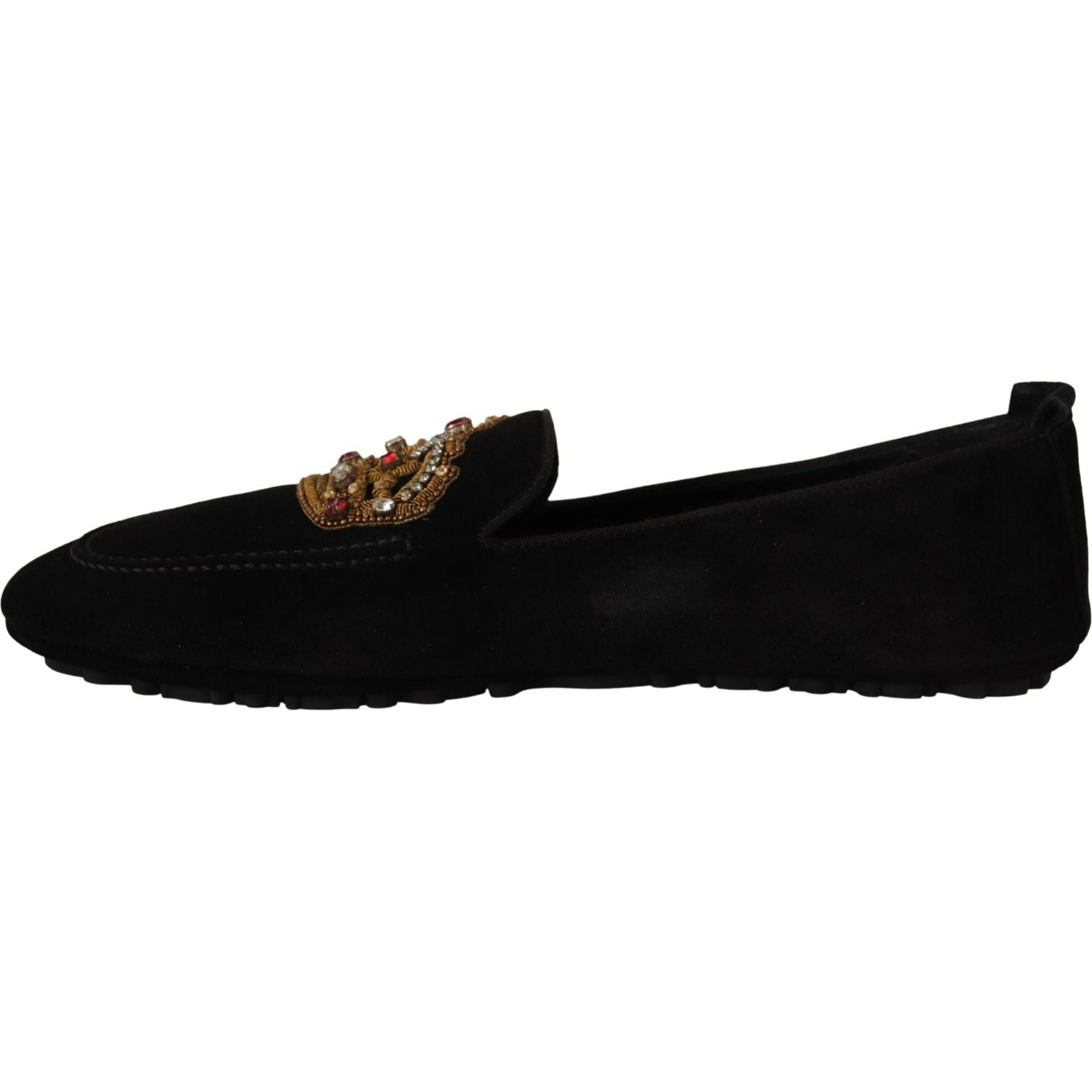 Dolce & Gabbana Black Leather Crystal Gold Crown Loafers Shoes