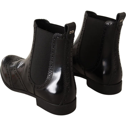 Dolce & Gabbana Black Leather Ankle High Flat Boots Shoes