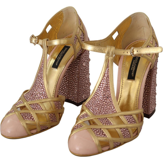 Dolce & Gabbana Pink Gold Leather Crystal Pumps T-strap Shoes LA9011-35