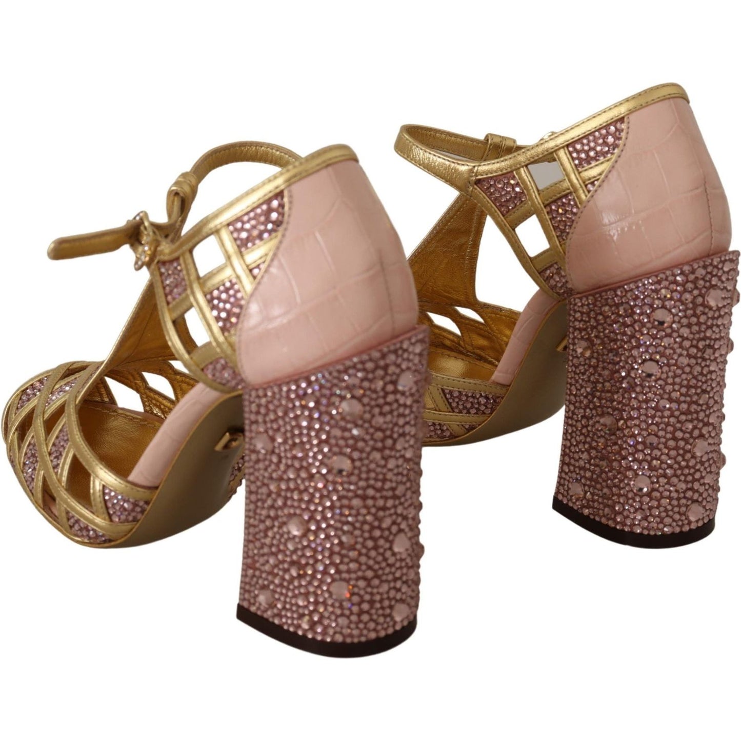 Dolce & Gabbana Pink Gold Leather Crystal Pumps T-strap Shoes LA9011-35