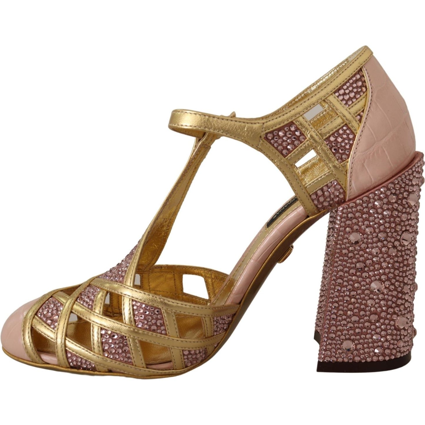 Dolce & Gabbana Pink Gold Leather Crystal Pumps T-strap Shoes LA9011-35