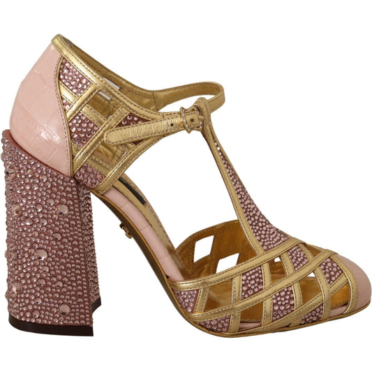 Dolce & Gabbana Pink Gold Leather Crystal Pumps T-strap Shoes LA9011-35