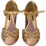 Dolce & Gabbana Pink Gold Leather Crystal Pumps T-strap Shoes LA9011-35