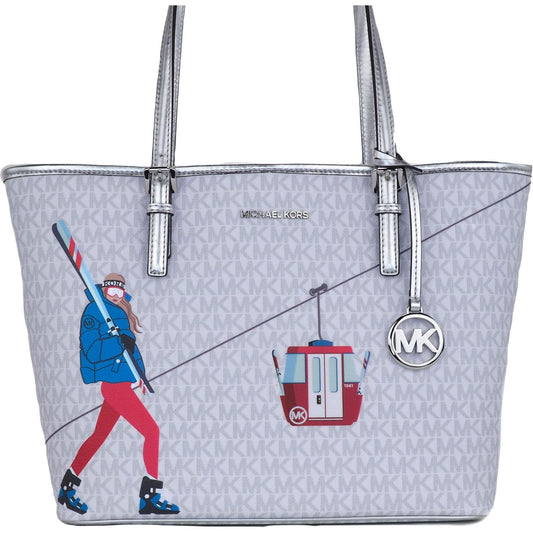 Michael Kors Jet Set Girls Print Medium Signature PVC Carryall Shoulder Tote Handbag (Bright White Multi) WOMAN TOTES Michael Kors Gray