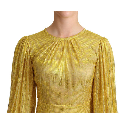 Dolce & Gabbana Yellow Crystal Mesh Pleated Maxi Dress