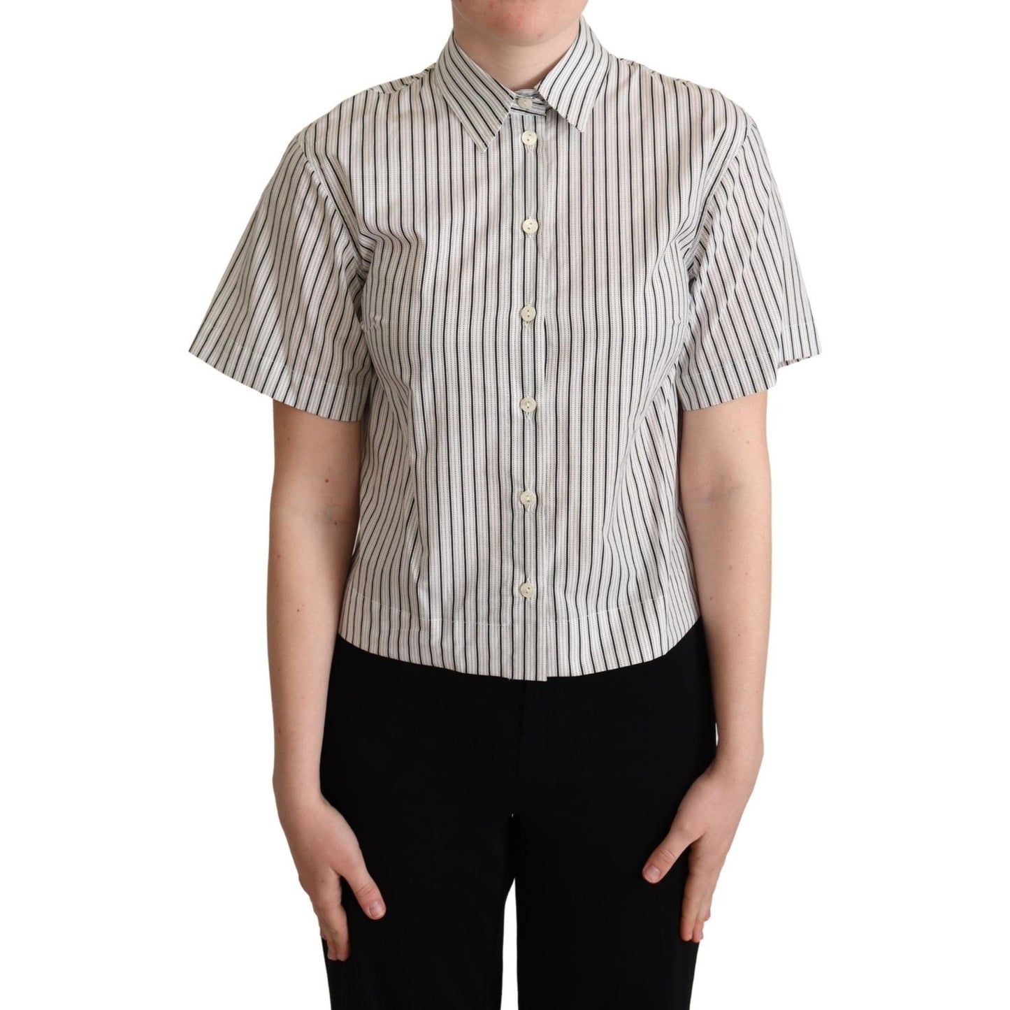Dolce & Gabbana White Black Striped Collared Shirt Blouse Top