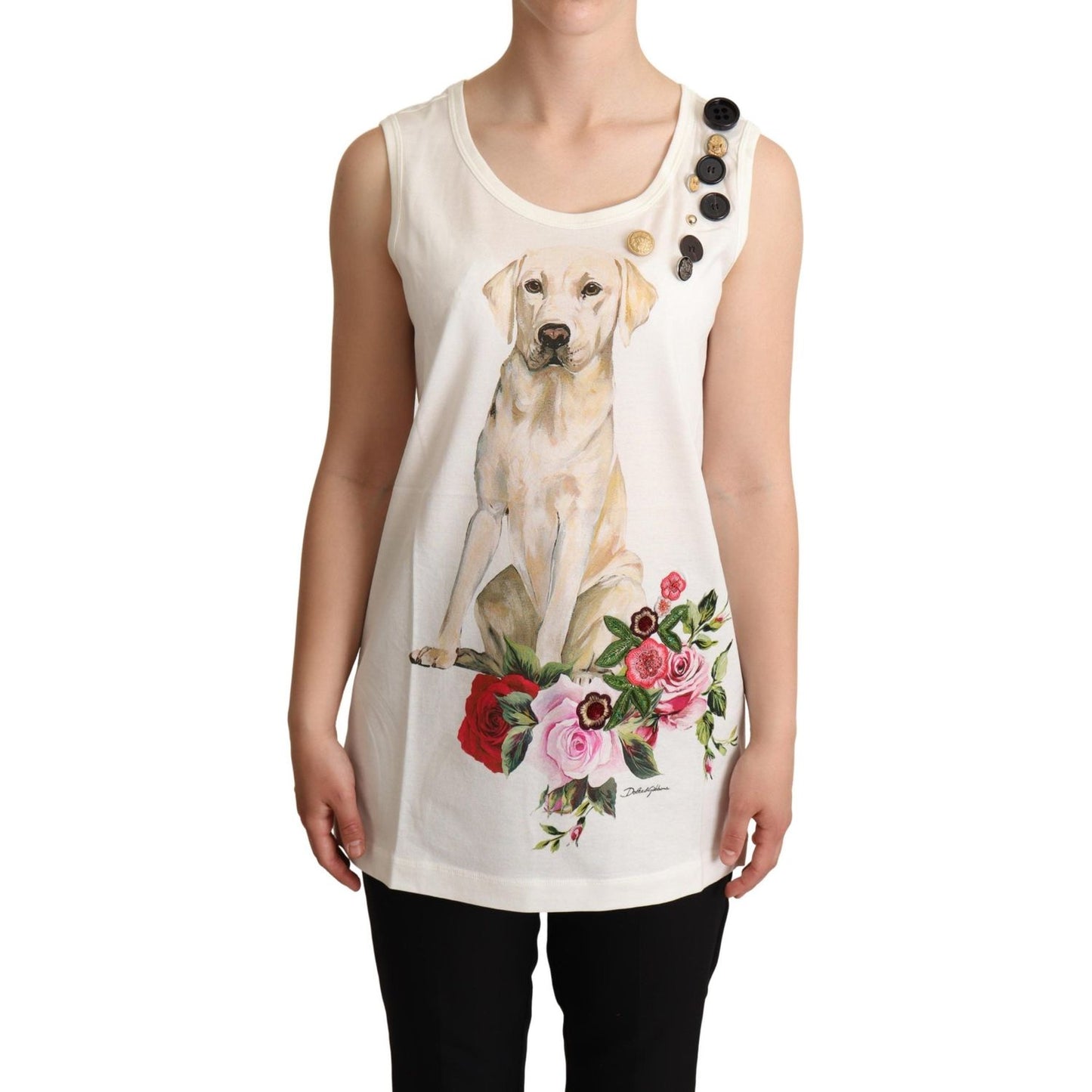 Dolce & Gabbana White Dog Floral Print Embellished T-shirt TSH6710 -38