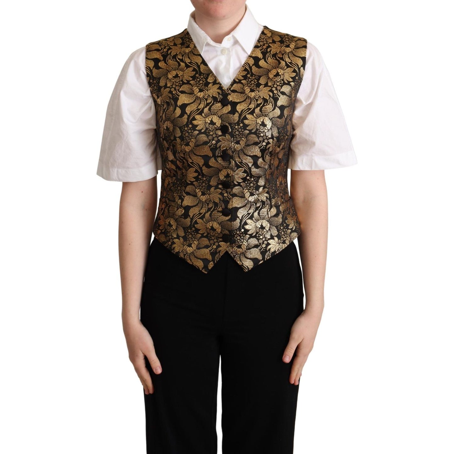 Dolce & Gabbana Black Gold Jacquard Silk Waistcoat Vest