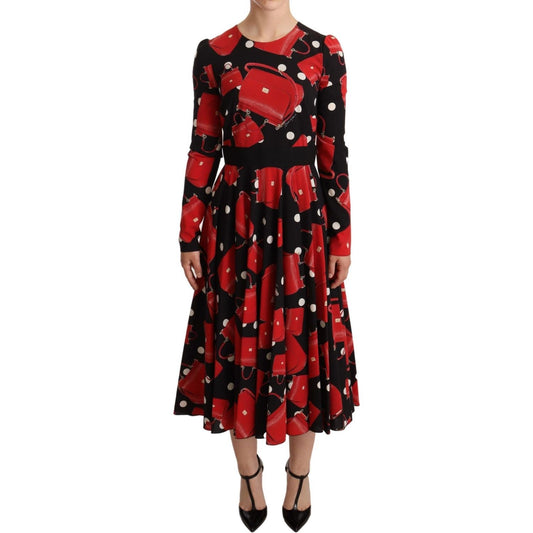 Dolce & Gabbana Black Sicily Bag Print Flared Midi Dress DR28108 -38