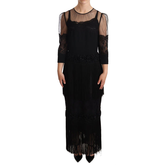 Dolce & Gabbana Black Sheer Floral Lace Crystal Maxi Dress DR28125 -44