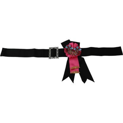 Dolce & Gabbana Black Pink Flower Brooch Crystals Cotton Belt WOMAN BELTS