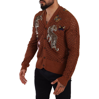 Dolce & Gabbana Brown Leopard Butterfly Cardigan Sweater MAN SWEATERS