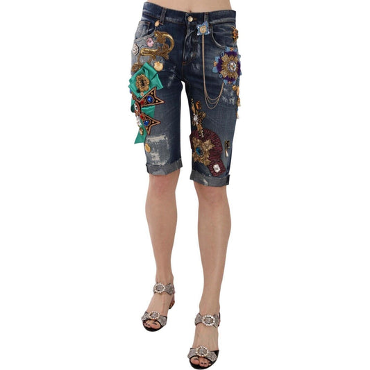 Dolce & Gabbana Blue Denim Mid Waist Crystal Capri Shorts PAN70037- 36