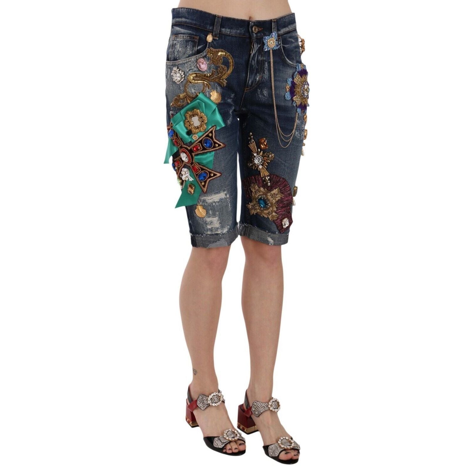 Dolce & Gabbana Blue Denim Mid Waist Crystal Capri Shorts