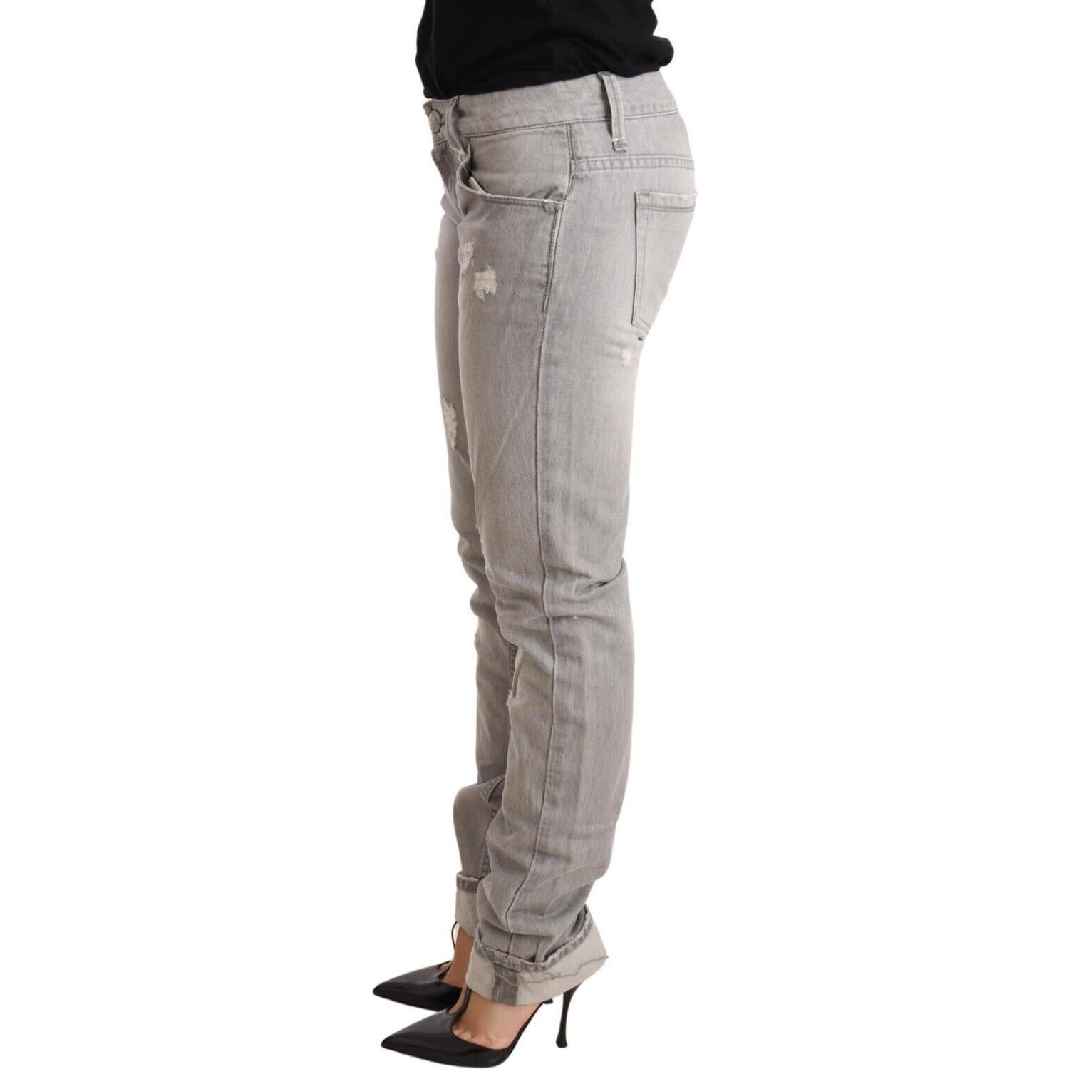 Acht Gray Tattered Cotton Slim Fit Folded Hem Women Denim Jeans