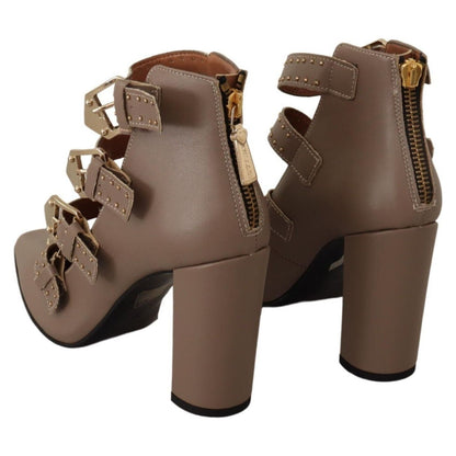 MY TWIN Brown Leather Block Heels Multi Buckle Pumps Shoes WOMAN PUMPS
