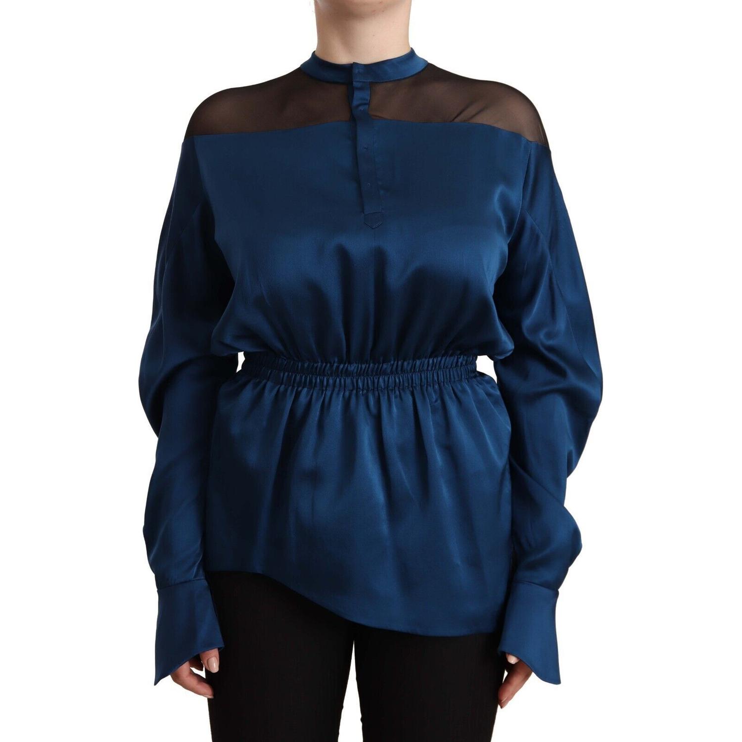 Masha Ma Blue Silk Long Sleeves Elastic Waist Top Blouse