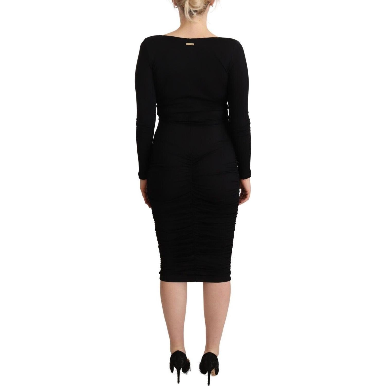 GF Ferre Black Long Sleeves Sweetheart Neck Midi Dress