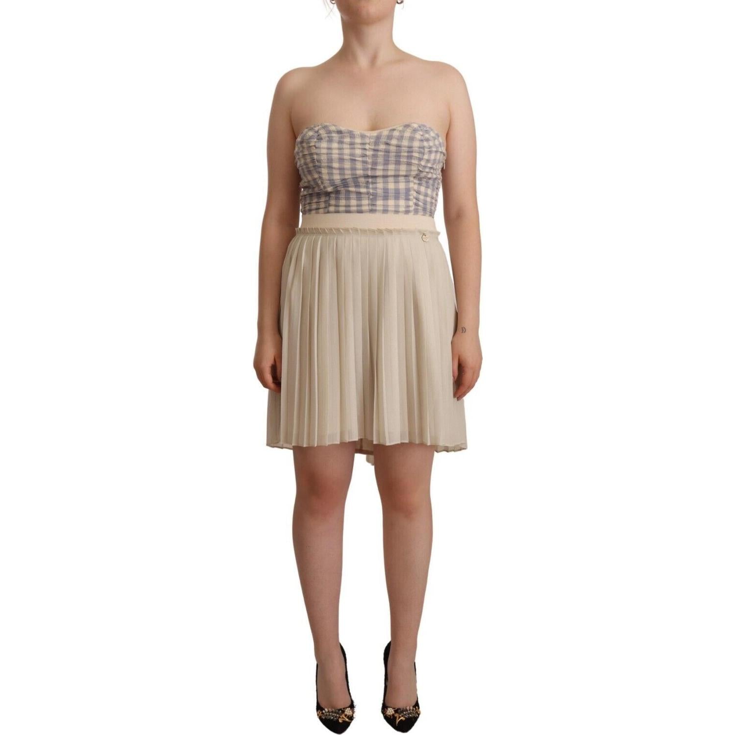 Guess Beige Checkered Pleated A-line Strapless Bustier Dress