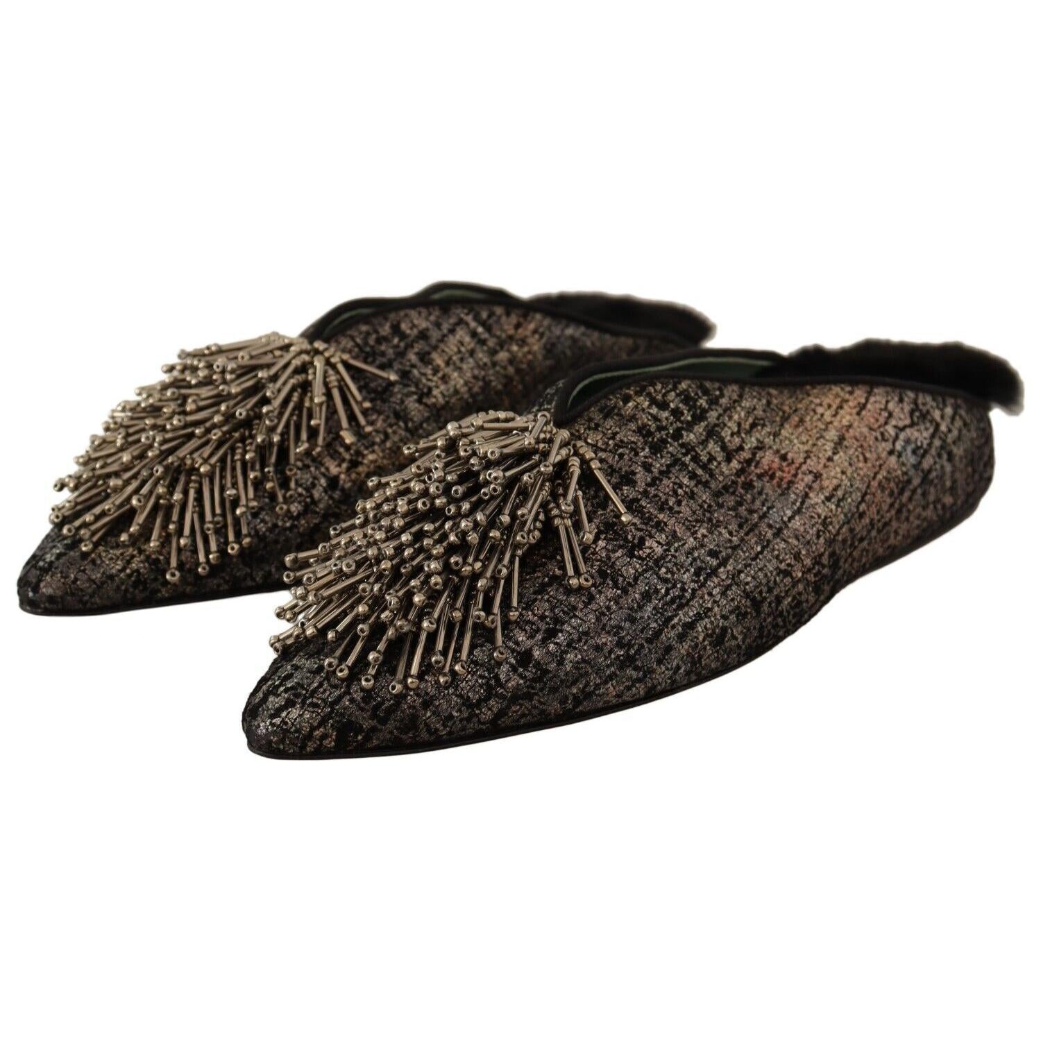 Paola D'Arcano Gold Jacquard Leather Embellished Slip On Shoes