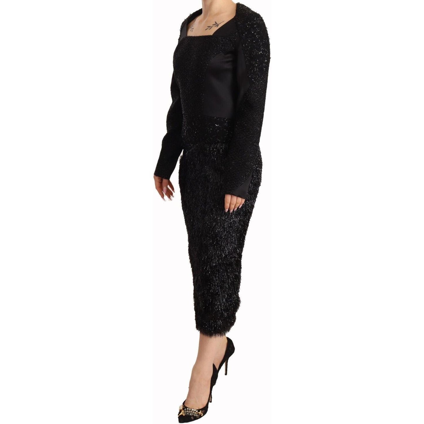 Masha Ma Black Studs Embellished Long Sleeves Sheath Midi Dress