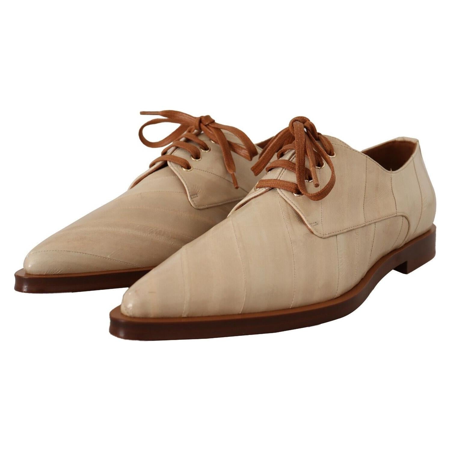 Dolce & Gabbana White Eel Leather Lace Up Formal Flats Shoes