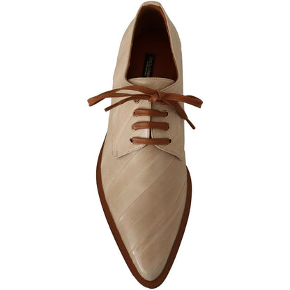 Dolce & Gabbana White Eel Leather Lace Up Formal Flats Shoes