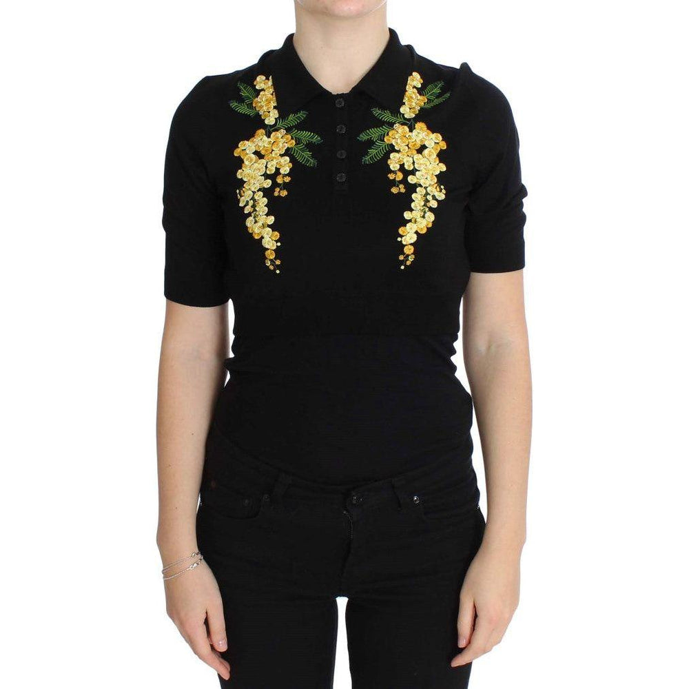 Dolce & Gabbana Black Silk Floral Embroidered Polo Top SIG20571-1