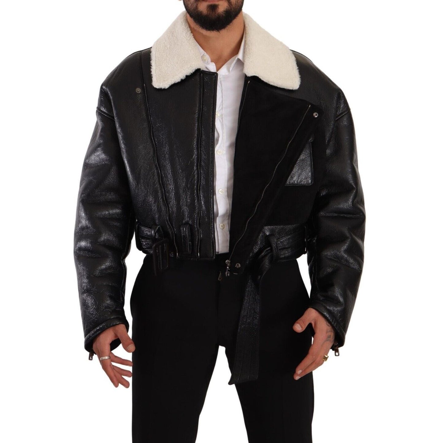 Dolce & Gabbana Black Leather Shearling Biker Coat Jacket