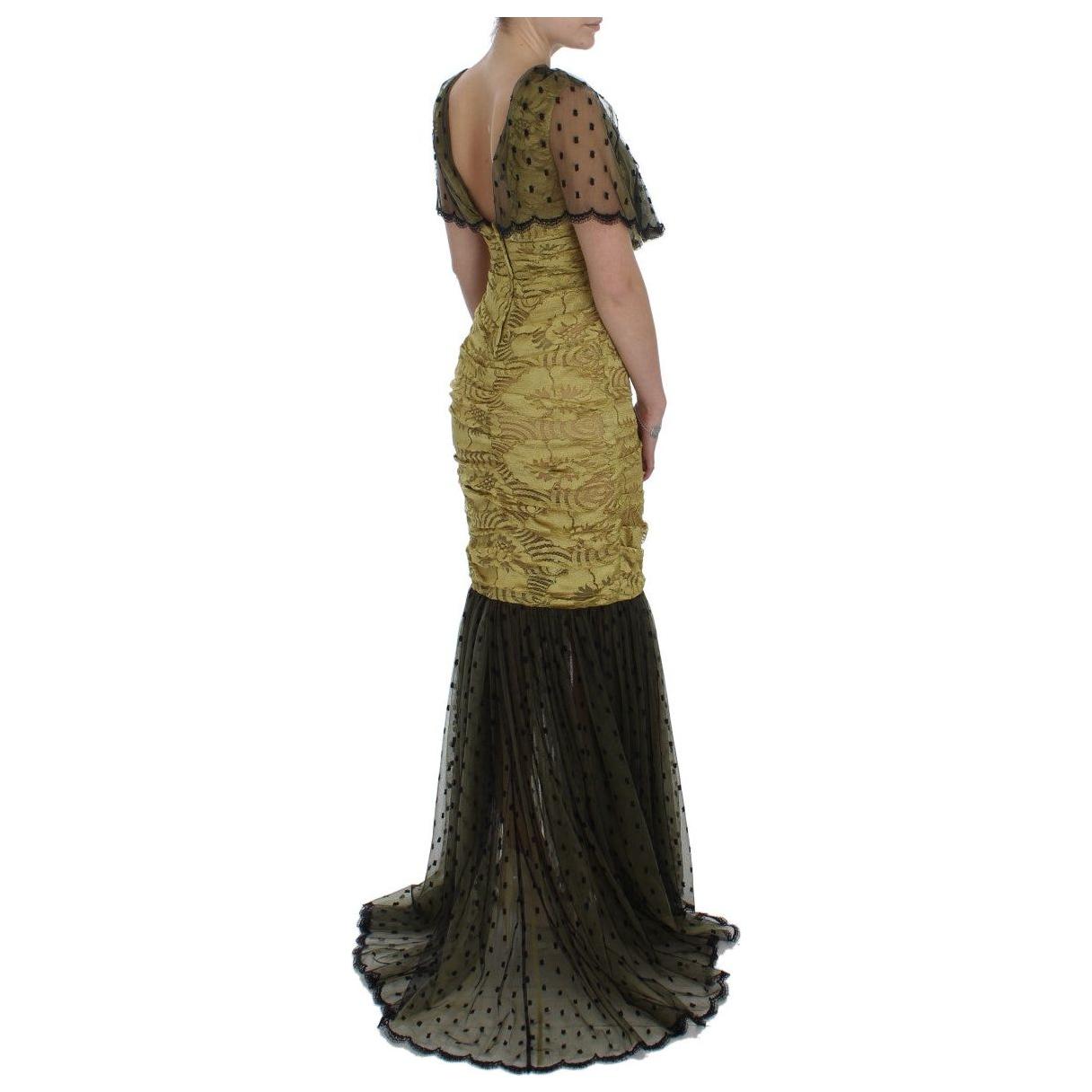 Dolce & Gabbana Yellow Black Floral Lace Ricamo Gown Dress NOC10176-1
