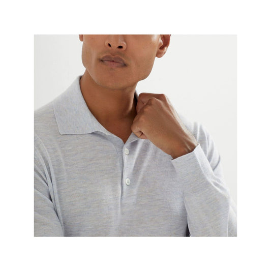 Brunello Cucinelli T-shirts and Polos Clear Blue cashmere silk polo with button placket and ribbed trim, light blue color.