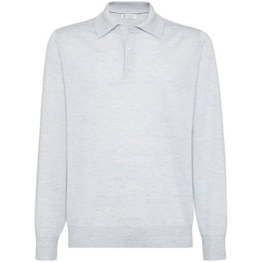 Brunello Cucinelli T-shirts and Polos Clear Blue cashmere silk knit polo with button placket, ribbed trim, long sleeves, straight hem.